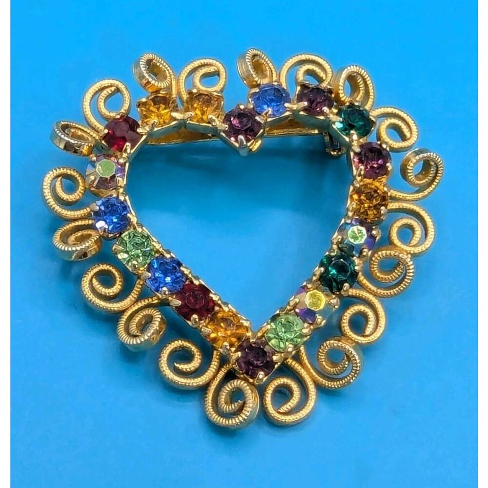 Heart Brooch Multicolor Rhinestone Gold Tone Pin Estate Costume Jewelry Vintage